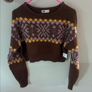SO Women's Brown Fair Isle Knit Sweater